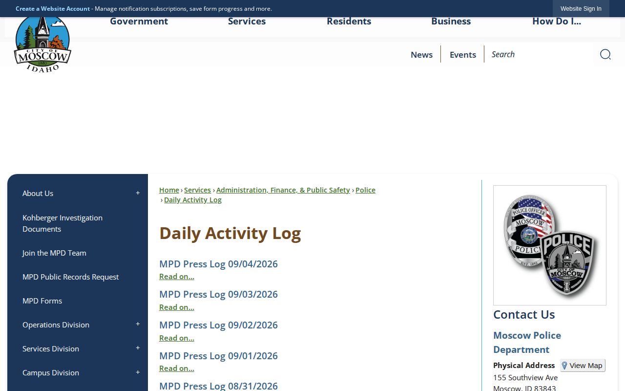 Moscow Police Daily Activity Log date navigation