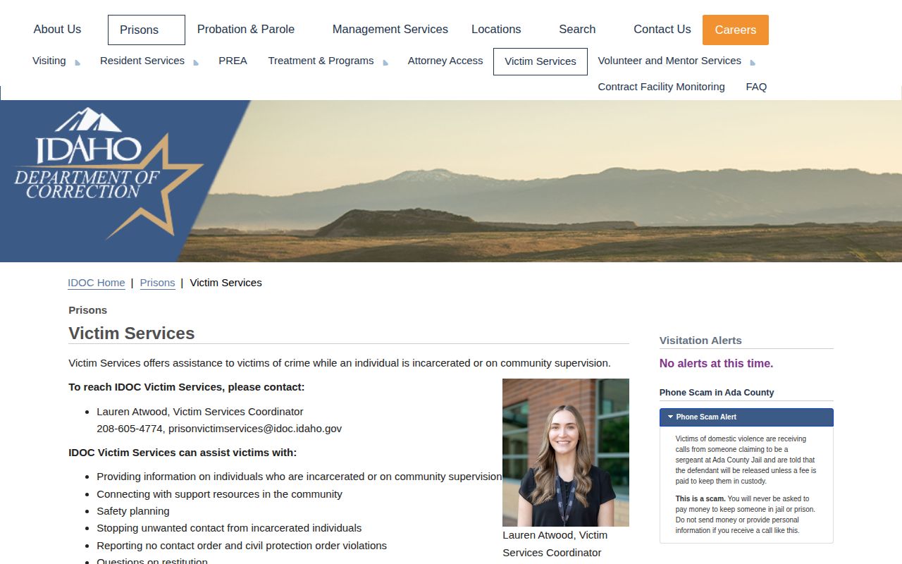 Idaho Department of Correction victim services and custody notification page