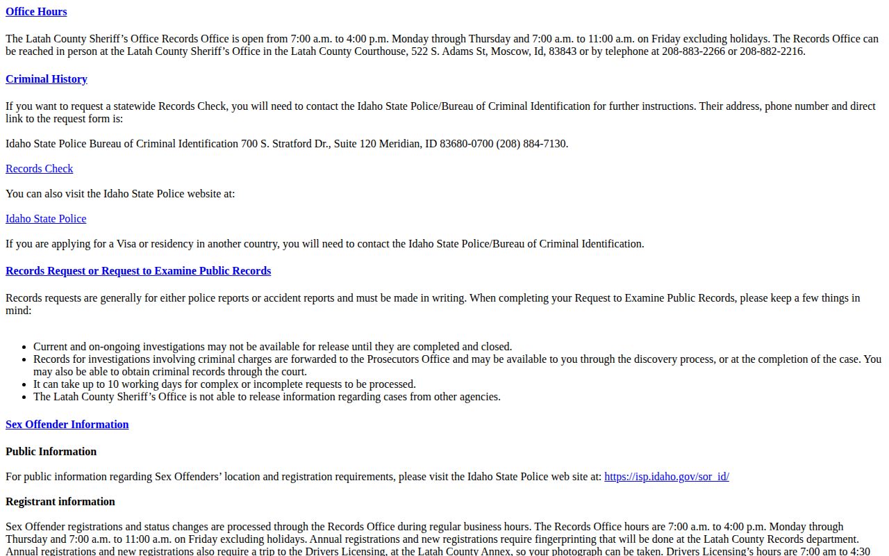 Latah County arrest record and booking photo request information