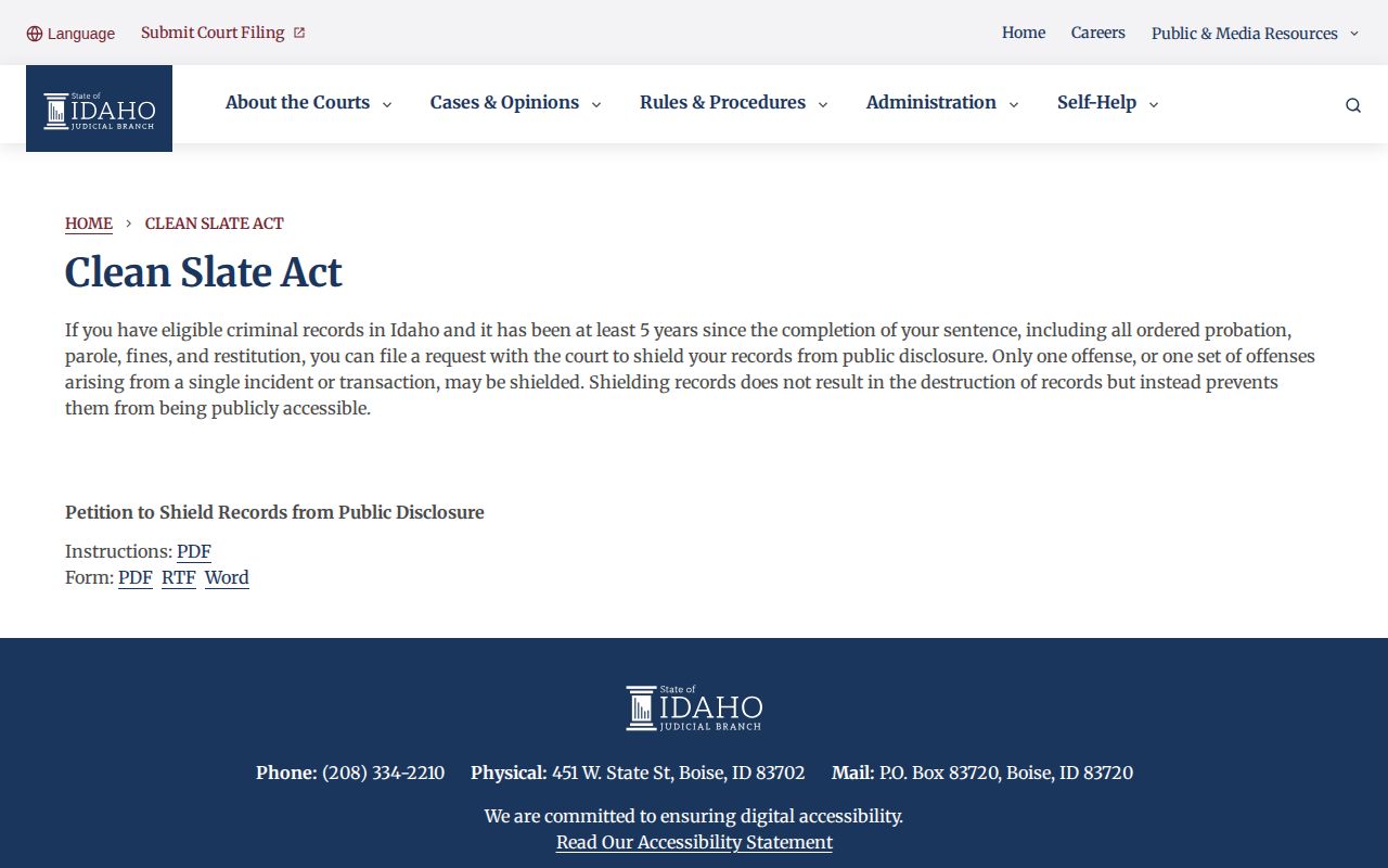 Idaho Clean Slate information relevant to Latah County arrest records