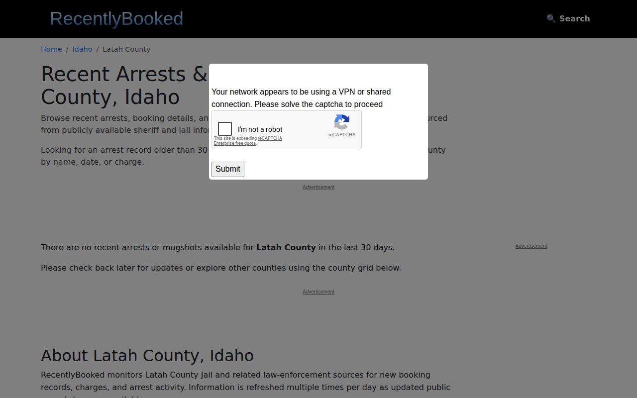 Unofficial Latah County recent arrest page shown with a staleness caveat